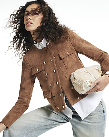Brown Faux Suede Utility Trophy Jacket
