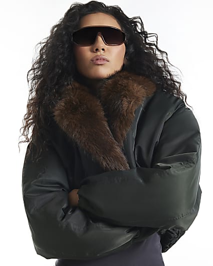 Khaki Fur Shawl Collar Padded Jacket
