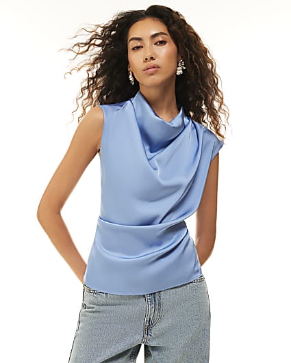 Blue Satin Cowl Neck Tank Top