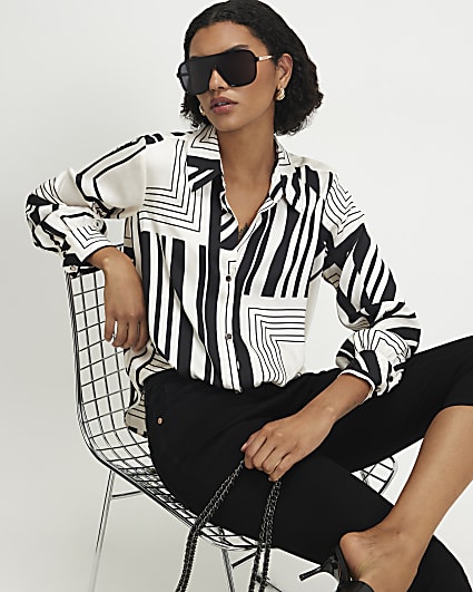 Cream Monochrome Stripe Tuck Hem Blouse