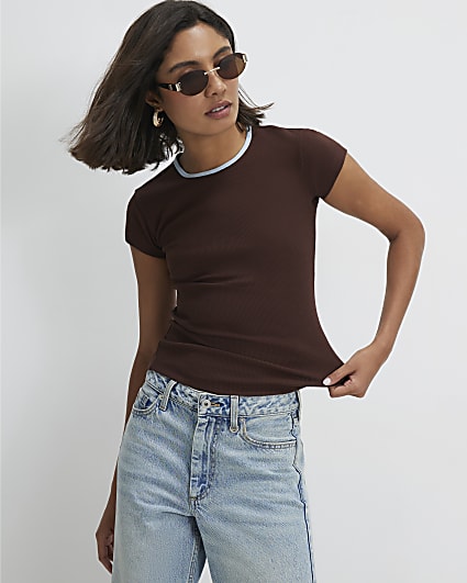 Brown Cotton Blend Ribbed Short Sleeve Top