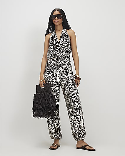 Beige Zebra Textured Halter Jumpsuit
