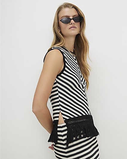 Cream Cotton Blend Fringe Stripe Tank Top