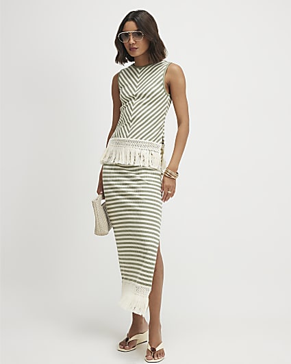 Green Fringe Hem Striped Midi Skirt