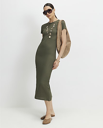 Khaki Short Sleeve Textured Midi Dress