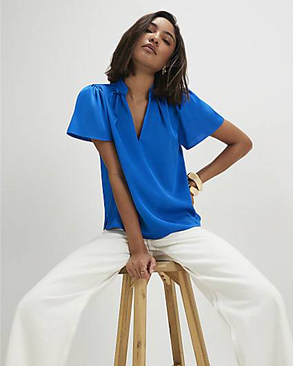 Blue Satin Short Sleeve Blouse