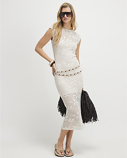 Beige Crochet Sleeveless Maxi Dress