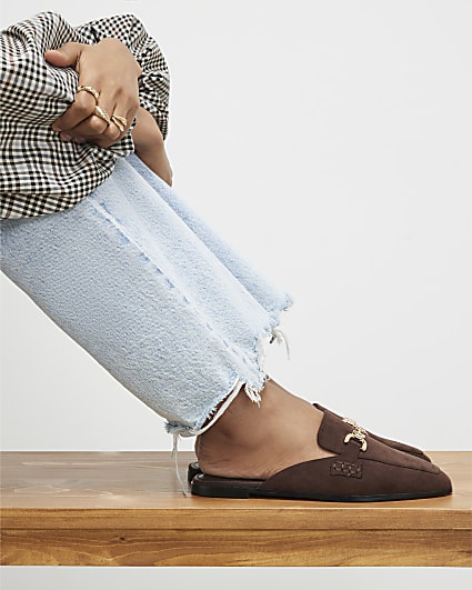 Brown Wide Fit Faux Suede Backless Loafers