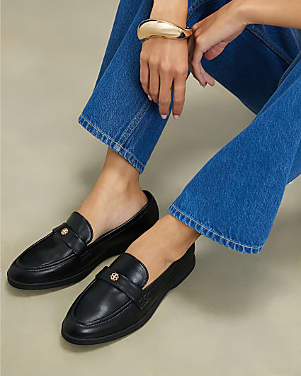 Black Wide Faux Leather Metal Decal Loafers