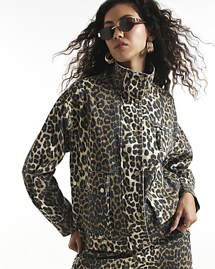 Brown Leopard Denim Funnel Neck Jacket