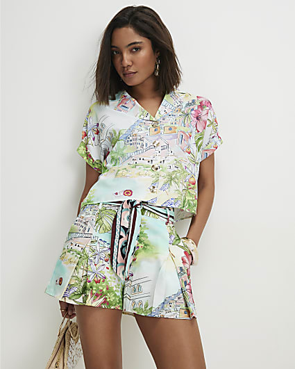 Green Printed Short Sleeve Blouse