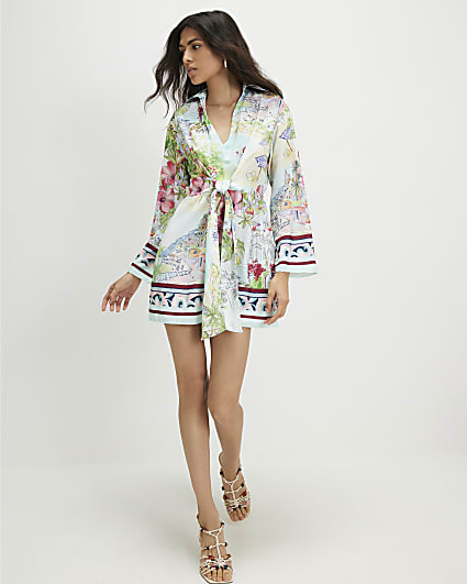 Blue Print Long Sleeve Tie Detail Mini Dress