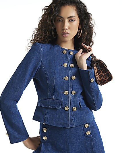 Blue Denim Collarless Button Jacket