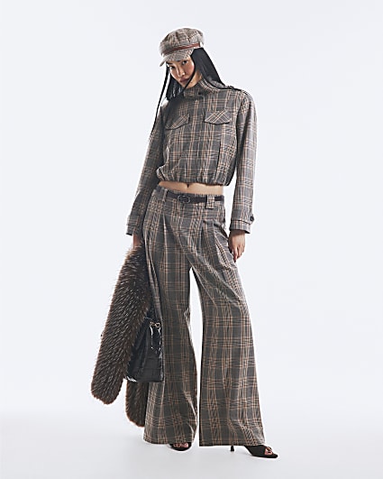 Grey Belted Check Wide Leg Trousers
