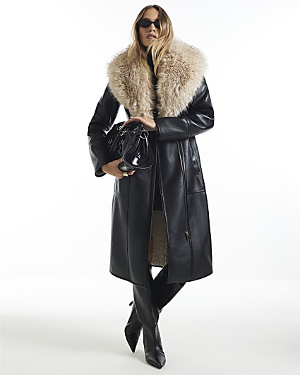 Black Belted Shearling Trench Coat
