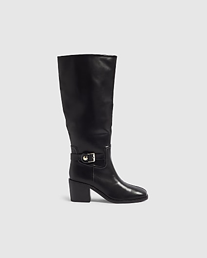 Black Faux Leather Buckle High Leg Boots
