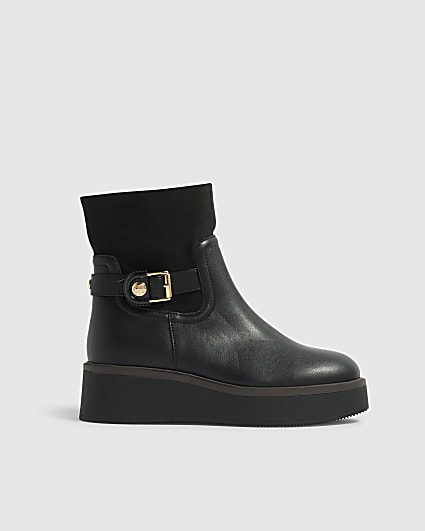 Black Buckle Wedge Ankle Boots
