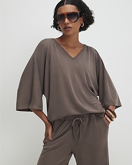 Brown Short Sleeve Batwing Top