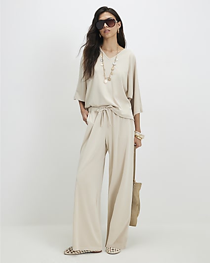 Beige Soft Touch Wide Leg Trousers