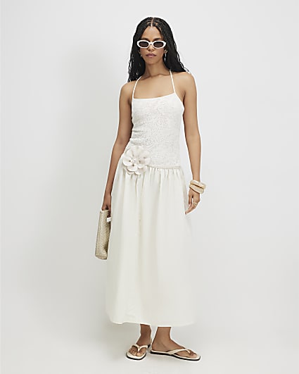 Cream Sleeveless Lace Hybrid Midi Dress