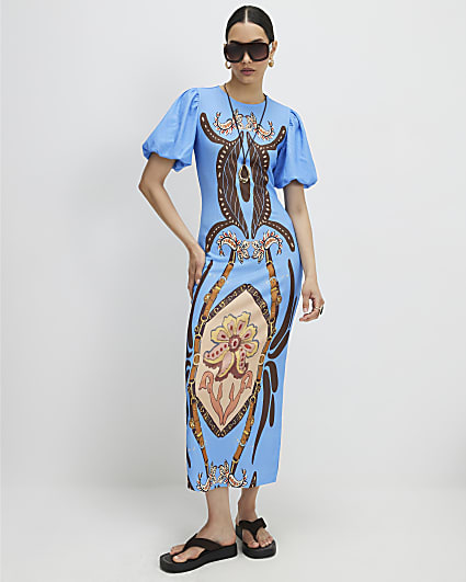 Blue Puff Sleeve Textured Midi Dress