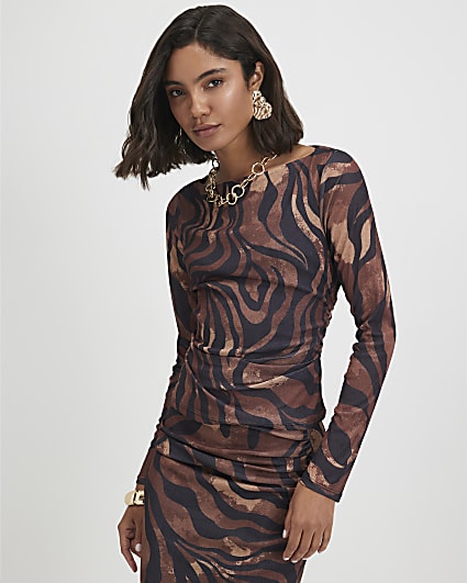 Brown Long Sleeve Abstract Print Top