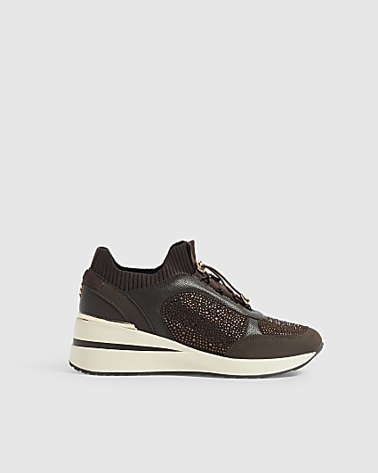 Brown Toggle Embellished Wedge Trainers