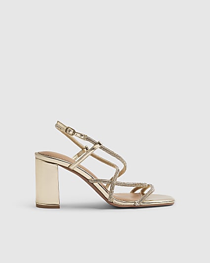 Gold Embellished Strappy Block Heel Sandals