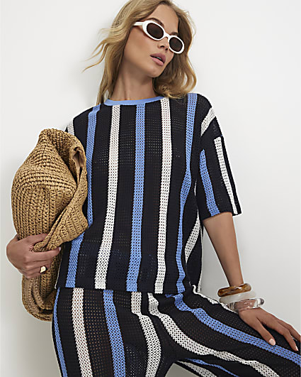 Navy Crochet Stripe Boxy T-Shirt
