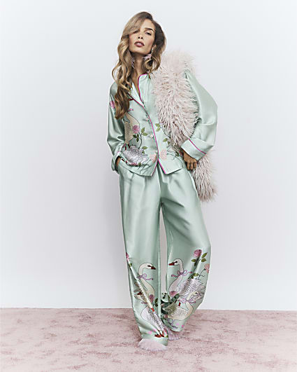 Green Satin Swan Pyjama Set