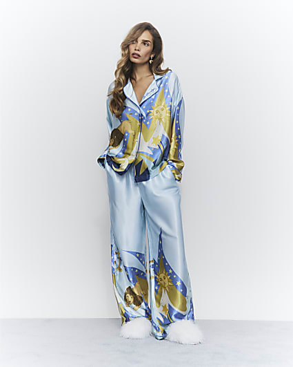 Blue Satin Astrology Pyjama Set