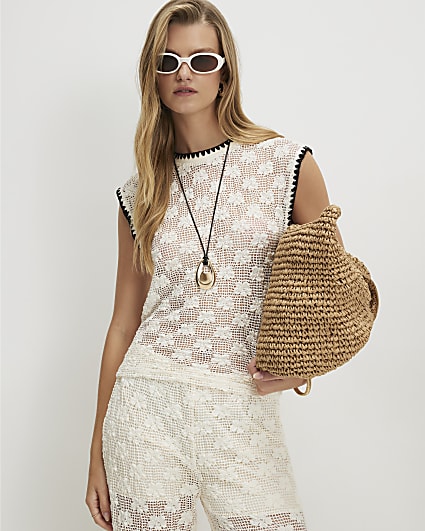 Cream Whipstitch Trim Crochet Tank Top