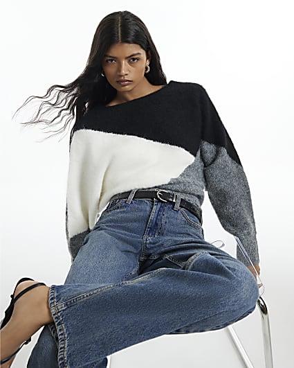 Black Argyle Print Batwing Jumper