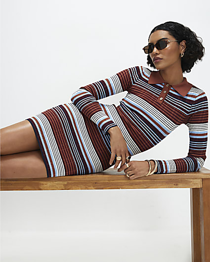 Blue Stripe Knitted Polo Mini Dress