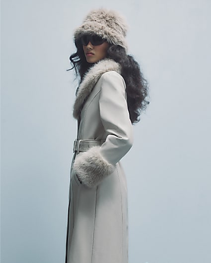 Cream Belted Faux Fur Trim Trench Coat