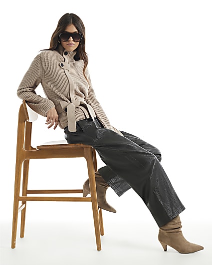 Brown Soft Faux Leather Barrel Leg Trousers