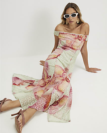 Pink Floral Lace Bardot Maxi Dress