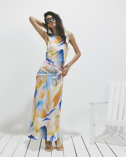 Cream Blur Print Midi Slip Dress