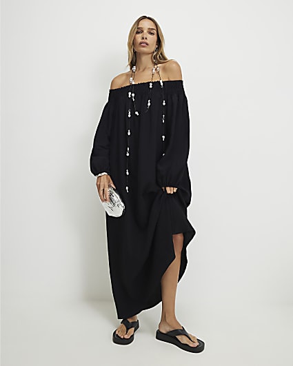 Black Cotton Bardot Maxi Dress