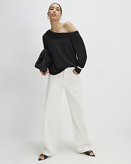 Black Satin Off The Shoulder Long Sleeve Top