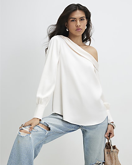 Cream Long Sleeve Off The Shoulder Top