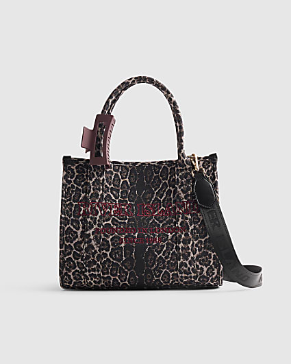Brown Leopard Print Embroidered Tote Bag
