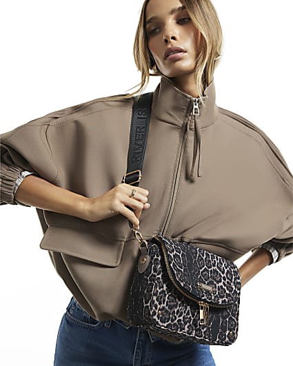 Brown Leopard Print Zip Flap Crossbody Bag