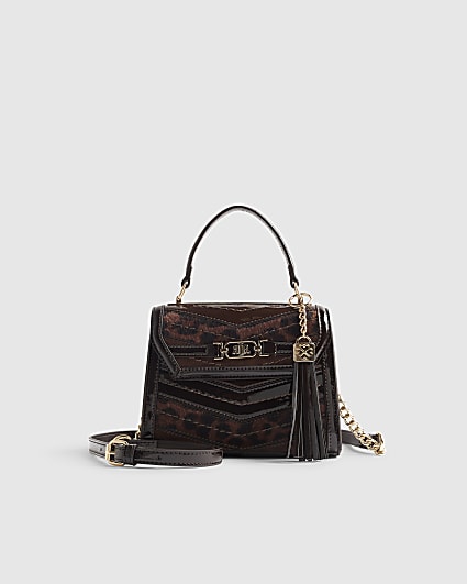 Brown Leopard Panel Mini Tote Crossbody Bag