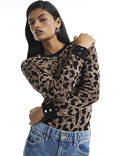 Beige Leopard Ribbed Layered Trim Top