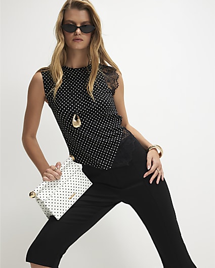 Black Sleeveless Polka Dot Lace Top