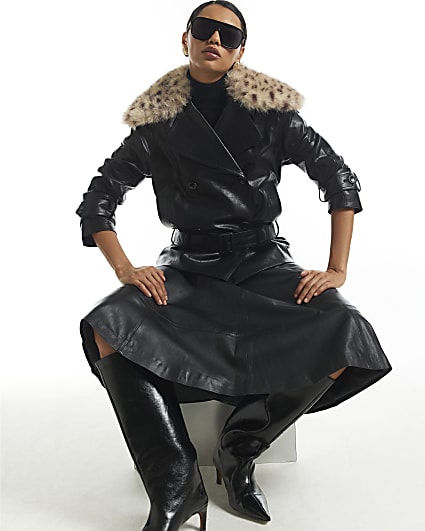 Black Leopard Faux Fur Collar Trench Coat