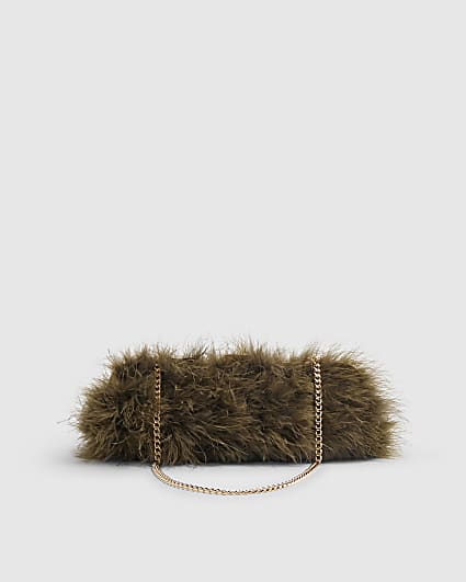 Khaki Marabou Feather Framed Shoulder Bag