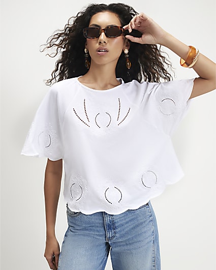 White Cotton Embroidered Cutwork T-Shirt
