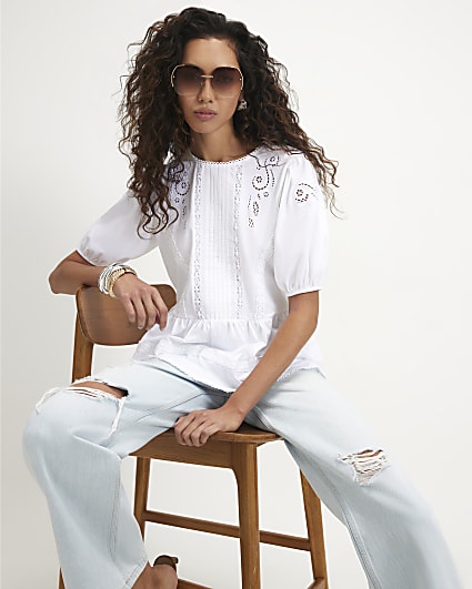 White Embroidered Lace Peplum T-shirt